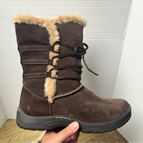 Faded Glory Genuine Leather Dark Brown Faux Fur Trim Suede Lace up Boots Size 9 - Picture 7 of 13